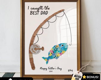 Fishing Fathers Day Gift Printable, I Caught the Best Dad Torn Paper Craft Toddlers, Hooked on Papa Preschool Gift for Daddy Coloring Page