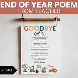 Poema de fin de año para estudiantes, último día de clases de jardín de infantes imprimible, carta de despedida editable del maestro, recuerdo preescolar Canva