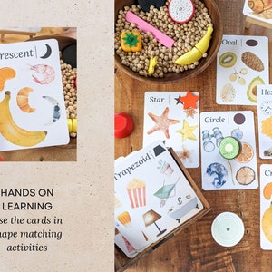 May include: A set of colorful educational cards featuring different shapes, including a crescent, trapezoid, oval, star, circle, and hexagon. Each card has a picture and the name of the shape. The cards are designed for hands-on learning and shape matching activities.