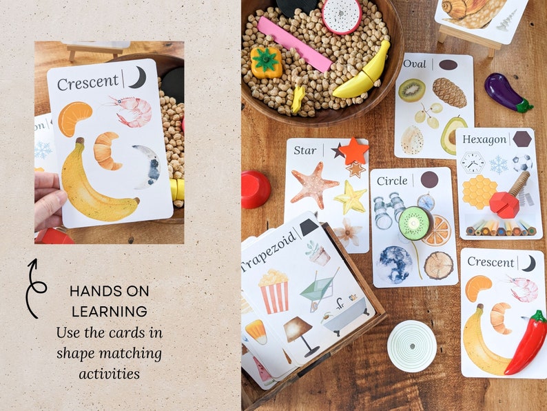 May include: A set of colorful educational cards featuring different shapes, including a crescent, trapezoid, oval, star, circle, and hexagon. Each card has a picture and the name of the shape. The cards are designed for hands-on learning and shape matching activities.
