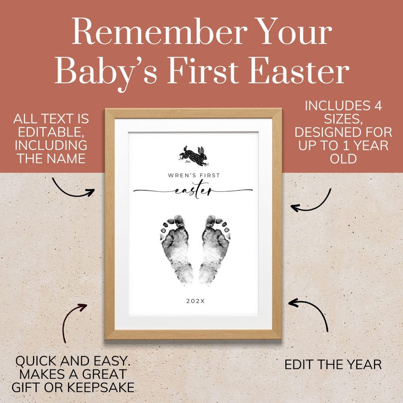 My First Easter Footprint Keepsake, Baby Footprint Template, Personalized Nursery Wall Art Printable, Infant Easter Bunny Craft with Name image 2