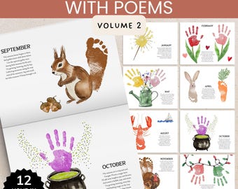 Handprint Memory Book with Holidays for Kids Printable, Monthly Handprint Art Toddlers, Grandparent Gift, Fall Halloween Footprint Art Poems