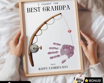 Fathers Day Grandpa Gift from Kids, Caught the Best Grandad Handprint Craft from Grandkids, Grandfather Fishing Hand Print Printable Papa