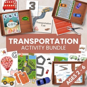 May include: A collection of educational activity sheets and wooden trays. The "Transportation Activity Bundle" includes illustrations of vehicles, roads, and letters. The color palette includes red, blue, yellow, and green. The age range is 2-6.
