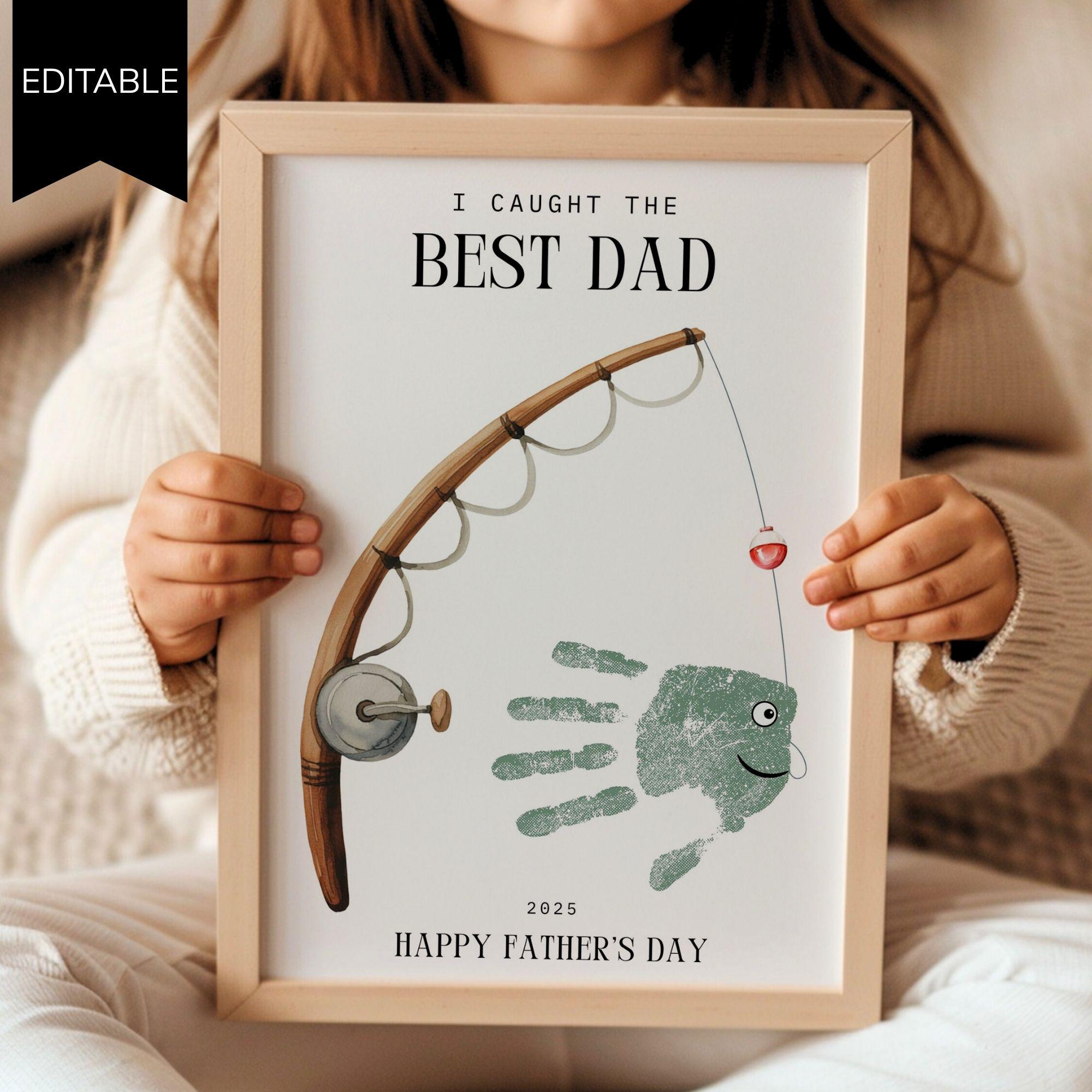 Editable Fathers Day Handprint Fishing Art, Caught the Best Dad Gift Idea from Kids, DIY Hand Print Craft Keepsake Printable Template Canva