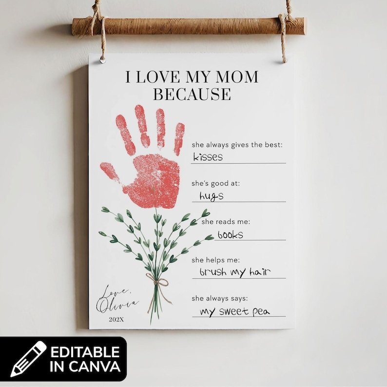 Mothers Day Handprint I Love My Mom Because Printable, Last Minute Gift Idea, Sentimental Mom Gift from Kid, About My Mommy from Preschooler image 1