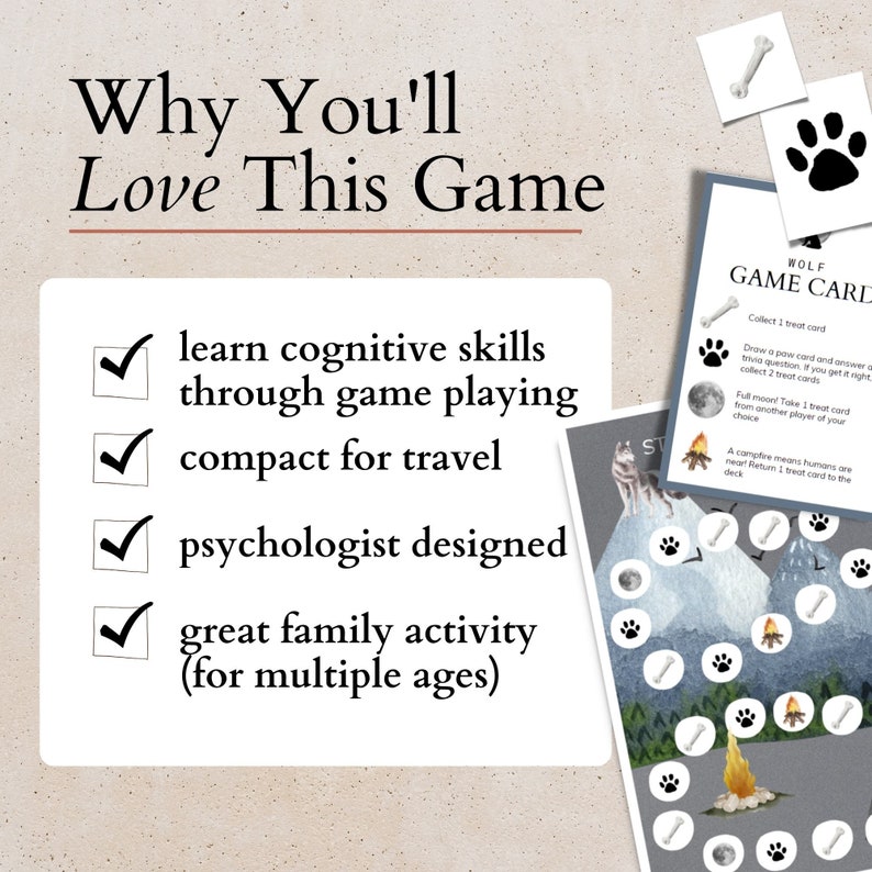 May include: A checklist of reasons why you might love this game. The list includes: learn cognitive skills through game playing, compact for travel, psychologist designed, and great family activity (for multiple ages). The game is themed around wolves and features a wolf game card with instructions.