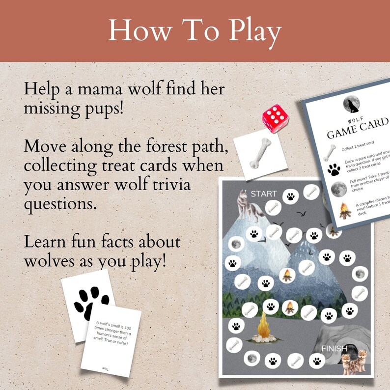 May include: A printable board game for kids featuring a wolf family. The game board shows a wolf family walking through a forest path, collecting treat cards. The game includes a game card with instructions and a dice.