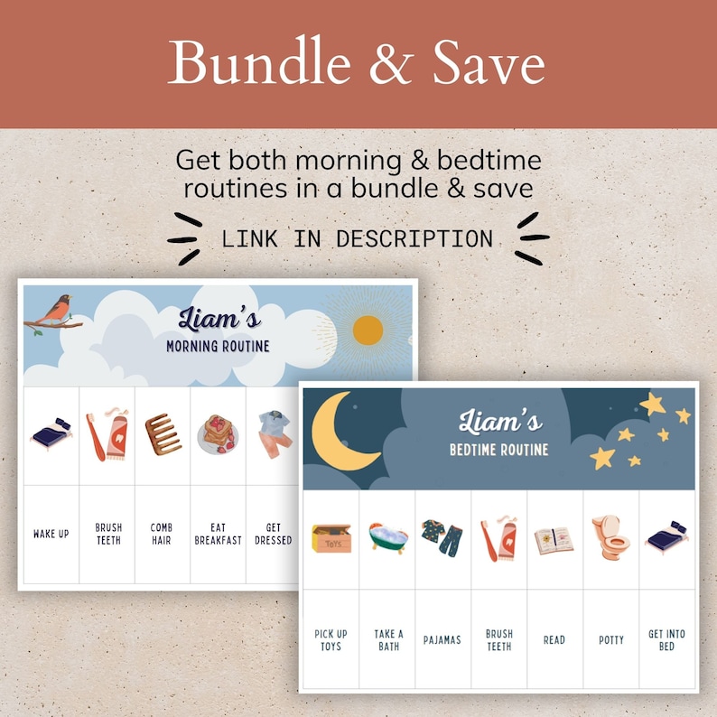 Op de afbeelding: Twee printbare schema's voor de dagelijkse routine van een kind. Het eerste schema is blauw met een zon en wolken en toont een ochtendroutine met activiteiten zoals wakker worden, tanden poetsen, haar kammen, ontbijt eten en aankleden. Het tweede schema is blauw met een maan en sterren en toont een bedtijdroutine met activiteiten zoals speelgoed opruimen, baden, pyjama aantrekken, tanden poetsen, lezen, potje en naar bed gaan. Beide schema's hebben de naam Liam bovenaan.