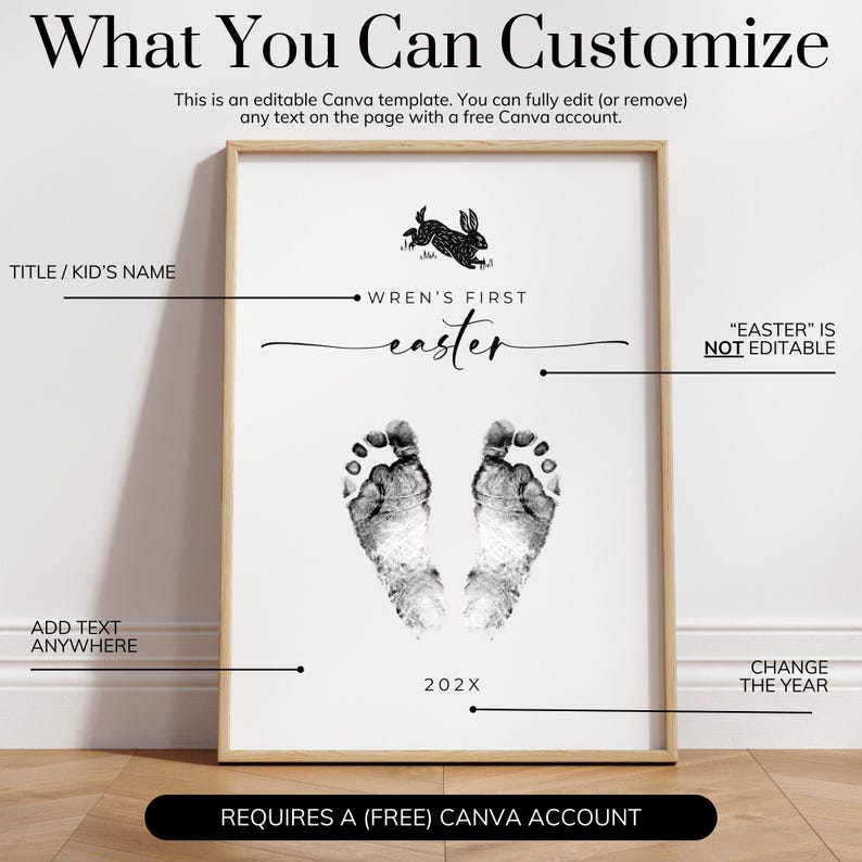 My First Easter Footprint Keepsake, Baby Footprint Template, Personalized Nursery Wall Art Printable, Infant Easter Bunny Craft with Name image 6