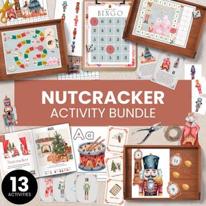 Peut inclure: Un ensemble d'activités sur le thème de Casse-Noisette, comprenant des jeux et des pages à colorier. L'ensemble présente des illustrations colorées de casse-noisettes, d'un roi des souris et d'autres éléments de Noël. Le texte "Nutcracker Activity Bundle" est affiché.