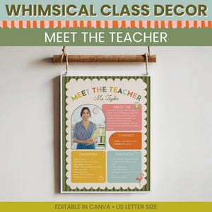 May include: A Meet the Teacher flyer template with a scalloped border, featuring a photo of a person, sections for About Me, Contact, Favorites, and Fun Facts, with text including Ms. Taylor, email, and phone placeholders on a hanging wooden frame.