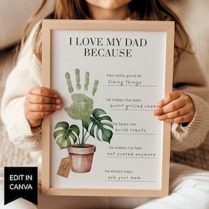 I Love My Dad Because Father Day Handprint Art, Dad Plant Craft Printable, All About My Daddy Questionnaire Preschool Canva Template Grandpa