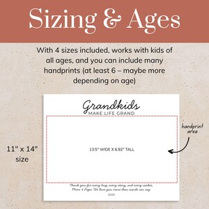 May include: A white rectangular sign with the text Grandkids MAKE LIFE GRAND at the top and a red dashed border defining a handprint area measuring 34.29 cm wide by 17.58 cm tall. The overall sign size is 27.94 cm by 35.56 cm with text at the bottom.