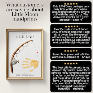 May include: A framed Father's Day print featuring a fishing rod illustration and a yellow handprint shaped like a fish. The text reads I CAUGHT THE BEST DAD, 20XX, and HAPPY FATHER'S DAY. Four customer reviews with five-star ratings are displayed.