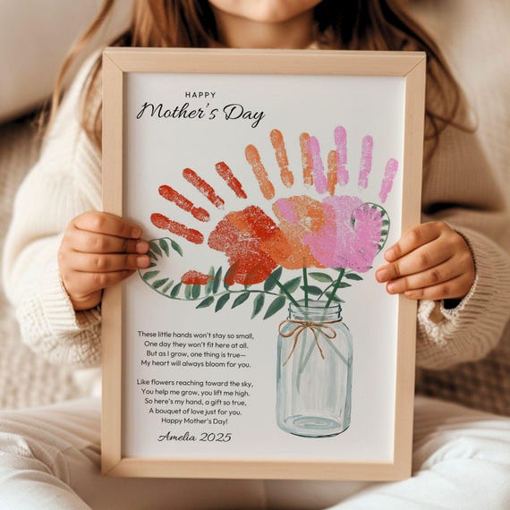 Custom Mothers Day Handprint Craft, Flower Bouquet Handprint Printable, Editable Mothers Day Wall Art, Mom Poem Print DIY Keepsake Gift Mama