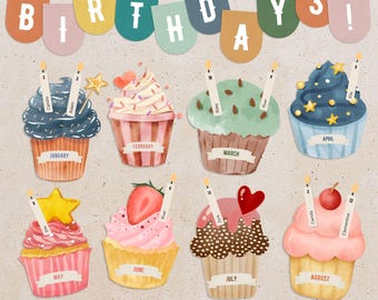 Cupcake Classroom Birthday Display, Editable Birthday Bulletin Board Kit Printable Template, Cozy Calm Class Birthday Board Ideas, Bunting