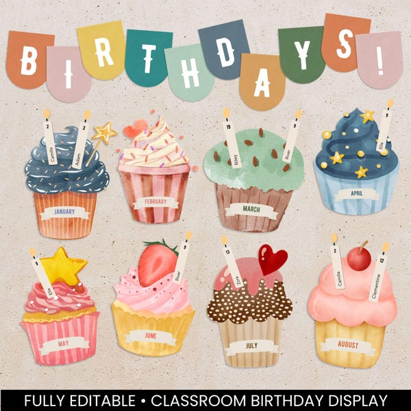 Decoración de cumpleaños para el aula con cupcakes, kit de tablón de anuncios de cumpleaños editable con plantilla imprimible, ideas para tablones de anuncios de cumpleaños para un ambiente acogedor y tranquilo, guirnaldas