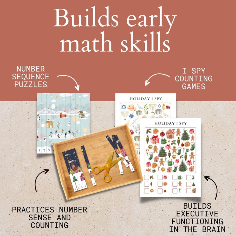 May include: A set of printable educational games for kids featuring holiday themes. The games include number sequence puzzles, I Spy counting games, and a cutting activity. The games are designed to build early math skills and executive functioning in the brain.