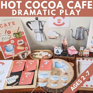 Jeu de rôle dramatique à imprimer dans un café, cadeau de jeu de simulation en téléchargement numérique, barres de chocolat chaud, jouets créatifs, carte de séquencement, cacao pour enfant d'âge préscolaire