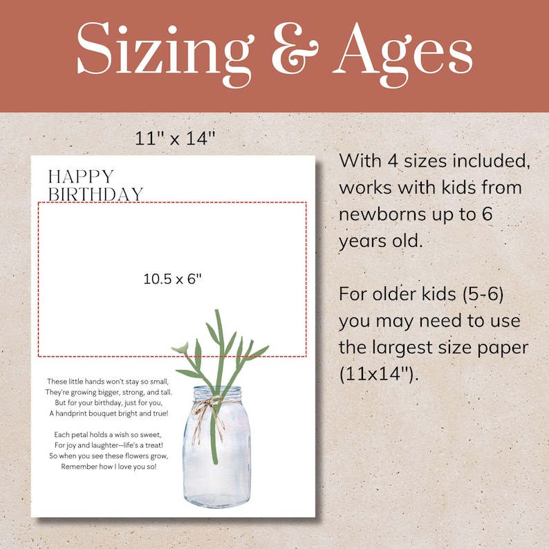 May include: A white rectangular birthday print featuring the text HAPPY BIRTHDAY, a poem, and a watercolor illustration of a glass jar with green stems. The print includes a red dashed rectangular border measuring 10.5 inches by 6 inches.