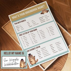 Peut inclure: Une amusante affiche de jeu de nom de marmotte, aux tons turquoise et beige. Elle comprend des sections pour le mois de naissance, la première lettre du nom et la couleur préférée. Une étiquette nominative assortie indique "Bonjour ! Je m'appelle Sir Wiggly Wobblebottom."