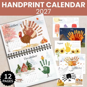 Calendario con impronte di mani stampabile per il 2027, calendario da parete di 12 mesi con set di impronte di mani per la scuola materna, attività autunnale per bambini piccoli con impronte di mani da fare tutto l'anno.
