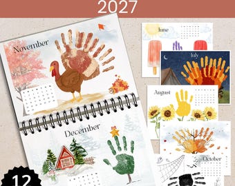 2027 Handprint Calendar Craft Printable, 12 Month Wall Calendar Handprint Craft Set PreK, Year Round Hand Print Art Toddler Fall Activity
