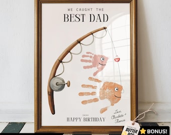 Happy Birthday Dad Handprints 2 Kids, Caught the Best Grandpa Fishing Hand Print Craft Printable, Editable Father Birthday Gift from Toddler