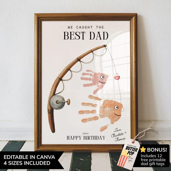 Happy Birthday Dad Handprints 2 Kids, Caught the Best Grandpa Fishing Hand Print Craft Printable, Editable Father Birthday Gift from Toddler
