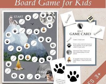 Wolf Family Game Night Printable, Dice Board Game for Kid, Educational Game for 3 year old, Trivia Game for Toddler, Nature Travel Activity