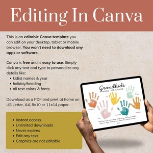 May include: An editable Canva template for a handprint art project featuring the text Grandkids MAKE LIFE GRAND. The design includes six colourful handprints with space for names, a year, and a personalised message, formatted for home printing.