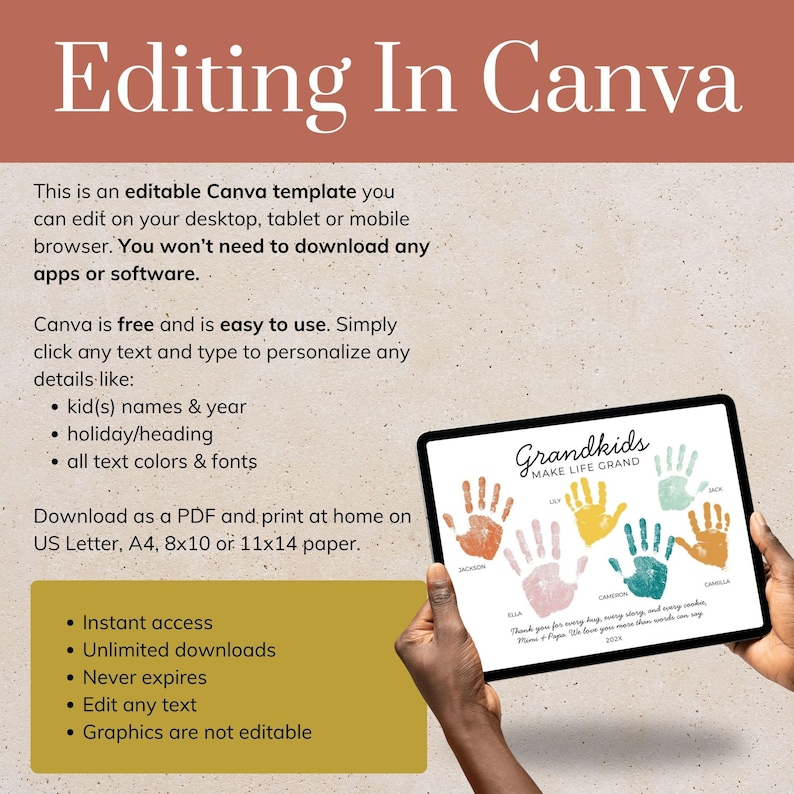 May include: An editable Canva template for a handprint art project featuring the text Grandkids MAKE LIFE GRAND. The design includes six colourful handprints with space for names, a year, and a personalised message, formatted for home printing.