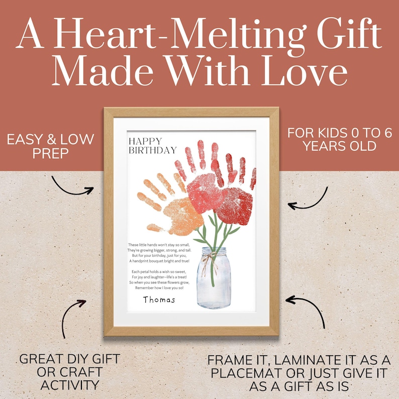 May include: A framed print featuring a handprint bouquet in red and orange, with a mason jar illustration, the text HAPPY BIRTHDAY, a poem, and the name Thomas. The print is displayed in a light wood frame against a two-tone background.