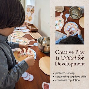 May include: A child is playing with a pizza-themed toy set. The set includes a pizza base, toppings, and a pizza cutter. The child is placing toppings on the pizza base. The text "Creative Play is Critical for Development" is written on a beige background. The text below the title reads: "problem-solving", "sequencing cognitive skills", and "emotional regulation".