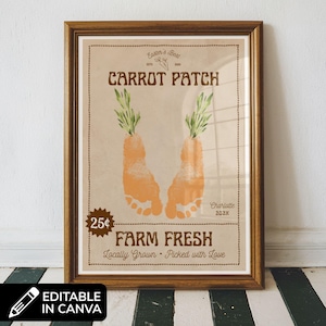 May include: Framed print with a brown wooden frame. The artwork features two orange carrot footprints with green tops, the text "CARROT PATCH", and "FARM FRESH". The print also includes the text "Easter's Best", "25¢", and "Locally Grown • Picked with Love".