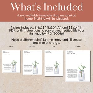 May include: A digital birthday template set featuring four sizes: 8.5x11, 8x10, A4, and 11x14 inches. Each document displays the text Happy Birthday above a watercolor illustration of a green plant in a glass jar with a poem printed below.