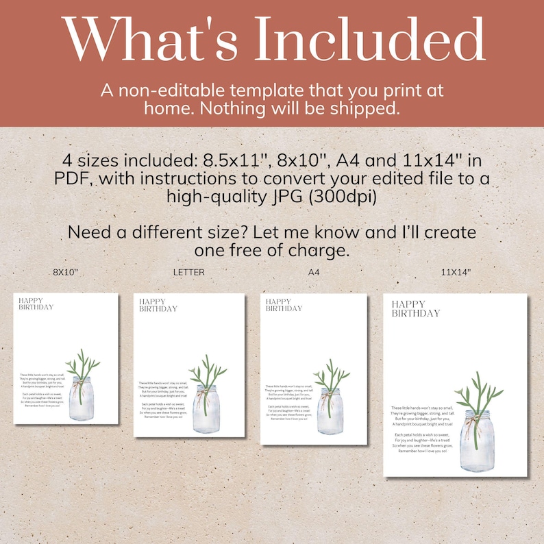 May include: A digital birthday template set featuring four sizes: 8.5x11, 8x10, A4, and 11x14 inches. Each document displays the text Happy Birthday above a watercolor illustration of a green plant in a glass jar with a poem printed below.
