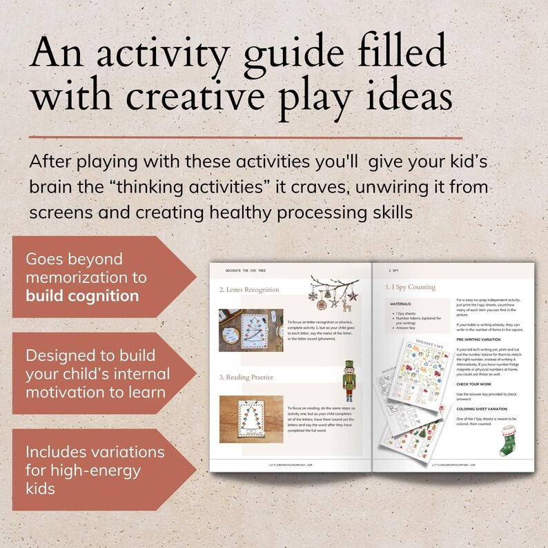 May include: A printable activity guide with a Christmas theme. The guide includes activities for letter recognition, counting, and reading practice. The guide is designed to help children develop their cognitive skills and build their internal motivation to learn.