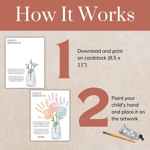 May include: An instructional graphic titled How It Works showing two steps. Step 1: Download and print on cardstock (8.5 x 11 inches). Step 2: Paint your child's hand and place it on the artwork. Includes illustrations of a mason jar with flowers.