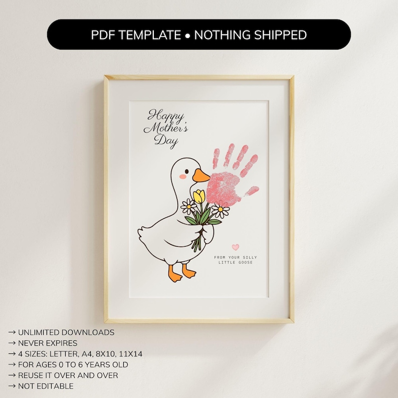 May include: A framed print with a cartoon goose holding flowers and a handprint. The text "Happy Mother's Day" is above the goose. The print includes the text "FROM YOUR SILLY LITTLE GOOSE" and is a PDF template.