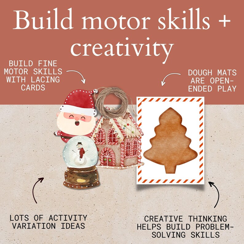 May include: A set of Christmas-themed lacing cards featuring a gingerbread house, a snowman, and Santa Claus. The cards are designed to help children develop fine motor skills and creativity. The text on the image reads "Build motor skills + creativity", "Build fine motor skills with lacing cards", "Dough mats are open-ended play", "Lots of activity variation ideas", and "Creative thinking helps build problem-solving skills".
