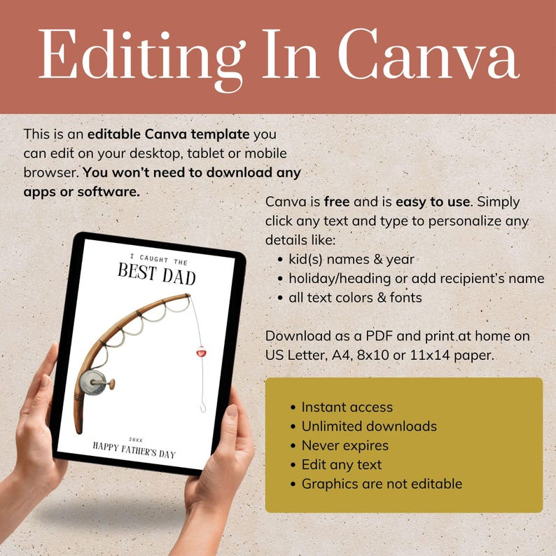 May include: An editable digital template for a Father's Day card displayed on a tablet screen. The card features a fishing rod illustration with the text I CAUGHT THE BEST DAD and HAPPY FATHER'S DAY. The template allows for text customization.