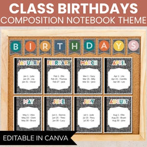 Composition Notebook Birthday Wall Display, Editable Class Birthday Bulletin Board for Classroom Decor, Kindergarten Sign Printable Digital