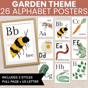 May include: A set of 26 garden-themed alphabet posters. The posters feature watercolor illustrations of garden elements like a bee, carrot, and daisy. The poster set includes two styles and is full page US letter size.