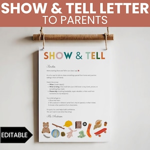 Puede incluir: Una carta imprimible "Show & Tell para padres" con las palabras "Show & Tell" en letras coloridas. La carta explica la actividad, incluyendo qué traer y qué hará el niño. La palabra "Editable" está en la esquina inferior izquierda.