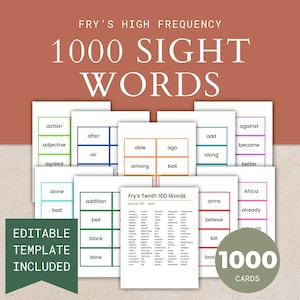 Peut inclure: Un ensemble de 1 000 cartes m&eacute;moire imprimables pr&eacute;sentant les mots fr&eacute;quents de Fry. Les cartes sont cod&eacute;es par couleur et organis&eacute;es par liste de mots. L'image montre une carte d'&eacute;chantillon avec le mot "blow" et une liste de mots de la liste 901-1000.
