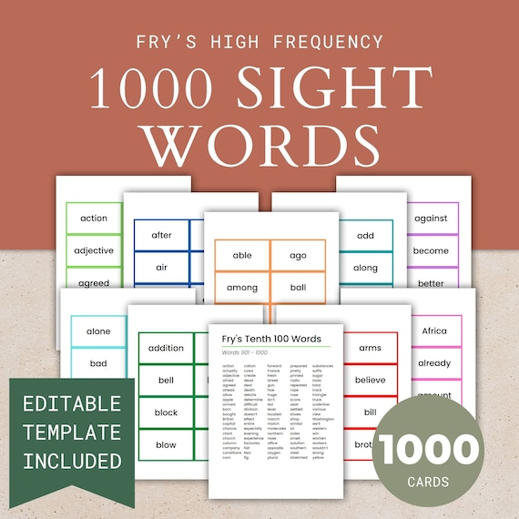 1000 Fry Sight Words Flashcards Printable, Early Reading High Frequency Words Kindergarten, Homeschool 1st Grade Reading, Learn to Read Kids