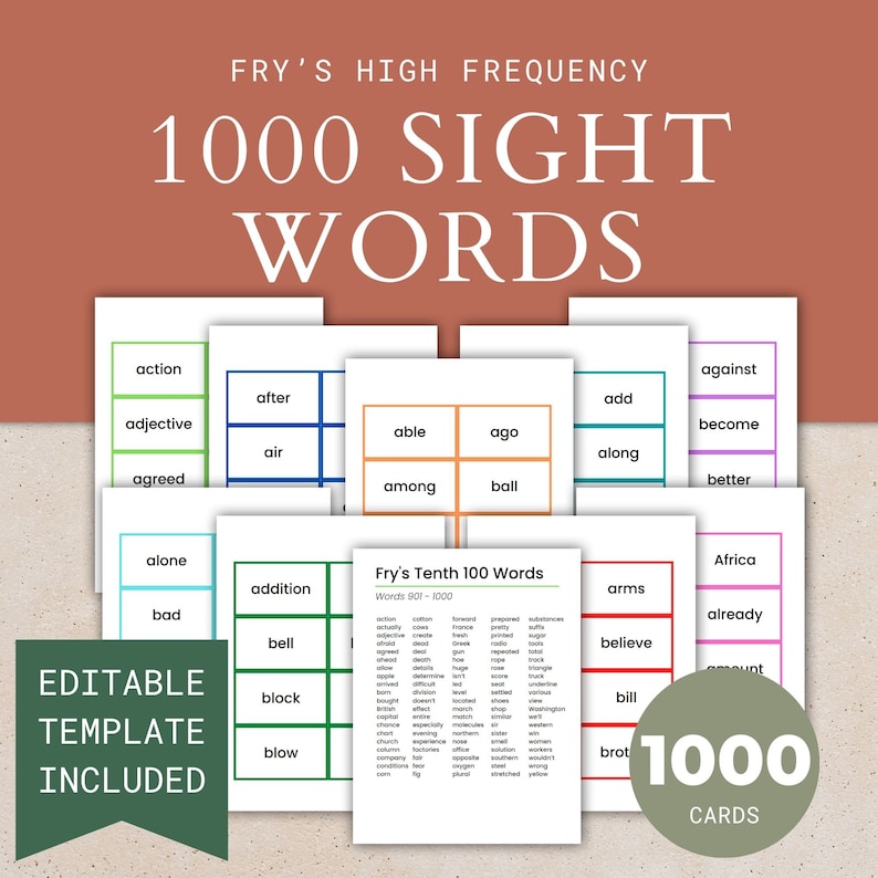 Peut inclure: Un ensemble de 1 000 cartes m&eacute;moire imprimables pr&eacute;sentant les mots fr&eacute;quents de Fry. Les cartes sont cod&eacute;es par couleur et organis&eacute;es par liste de mots. L'image montre une carte d'&eacute;chantillon avec le mot "blow" et une liste de mots de la liste 901-1000.