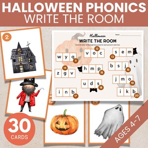 Hoja de trabajo con sonidos iniciales para escribir en la habitación, actividad de Halloween para jardín de infantes, aprendizaje basado en el juego de lectura fonética, actividad de otoño imprimible para niños